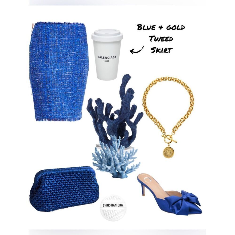 INC Blue & Gold Tweed Fringed Skirt